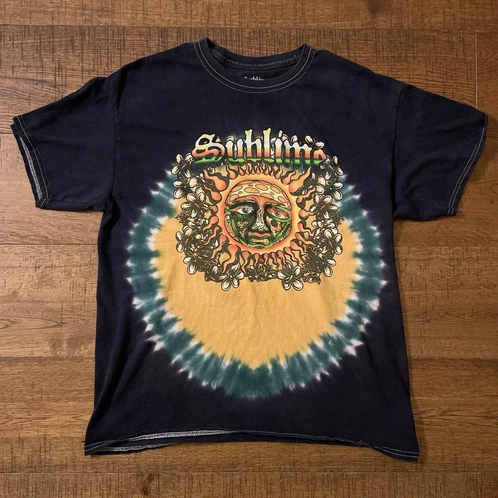 Sublime Sun Logo Tie Dye Graphic T-Shirt Mens Large Navy Green Yellow Band Tee